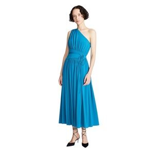 Halston Idalia One Shoulder Ruched Midi Dress Stretch Cocktail Blue Teal 10 NWT